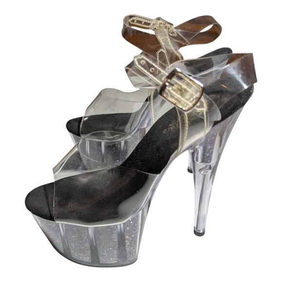Pleaser Adore 708 Clear Vinyl Black Glitter Platform Spike Heel Dancer Sandals 8 - Picture 7 of 7